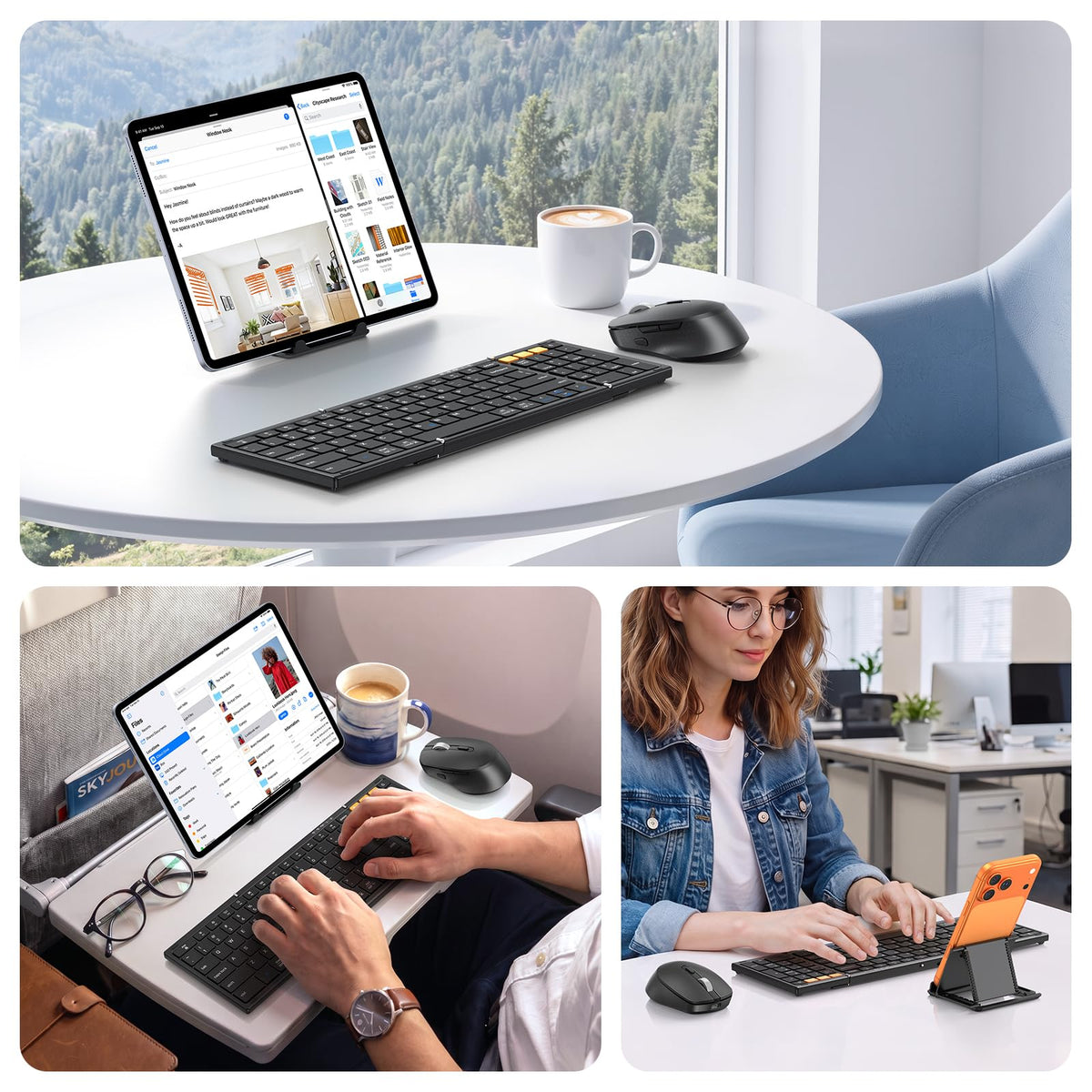 Foldable Keyboard and Mouse for 3 Devices, Wireless Bluetooth Combo