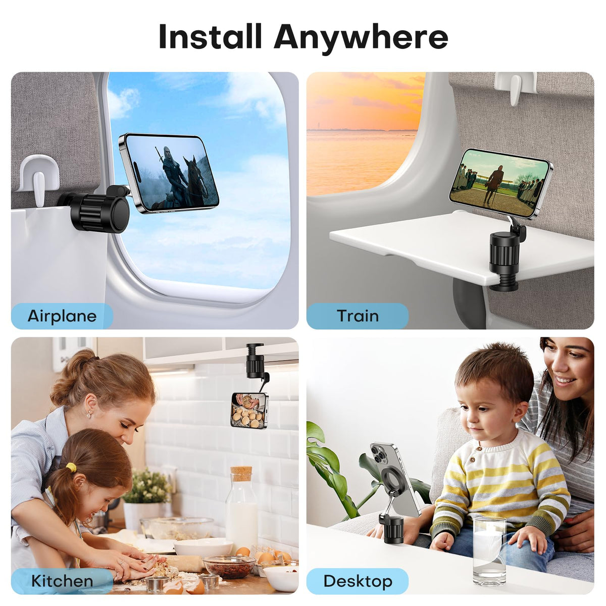 360°Rotating Magnetic Airplane Phone Holder Mount, for Magsafe Airplane Travel Essentials Accessories, Adjustable Foldable Universal Handsfree Phone Stand for iPhone 17 16 15 14 Pro Max Air