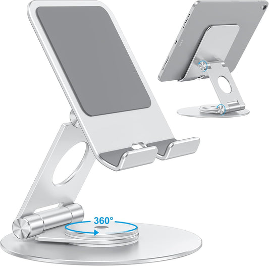 Swivel Tablet Stand for iPad with 360 Rotating Base, Foldable Adjustable Holder for Drawing, Compatible with iPad Pro/Air/Mini and More, Silver