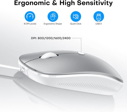 Wired Keyboard and Mouse for Mac, USB-C & USB-A, Number Pad, Silver White