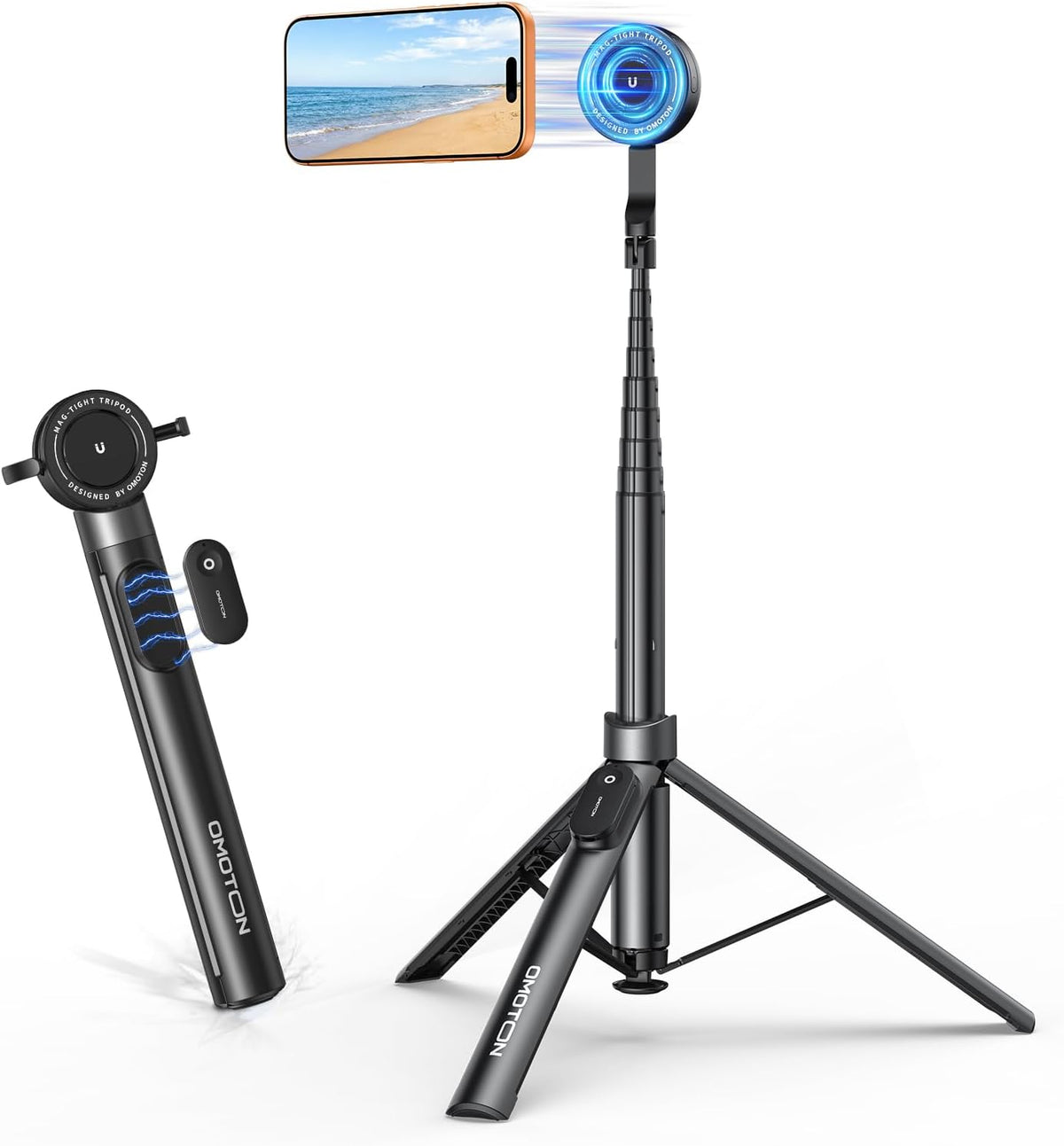 68" Magnetic Phone Tripod with Remote, Selfie Stick for iPhone Black