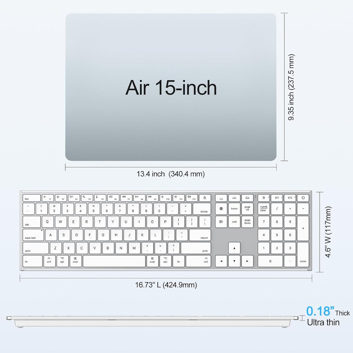Full Size Wireless Keyboard for Mac, Metal Frame, Silver