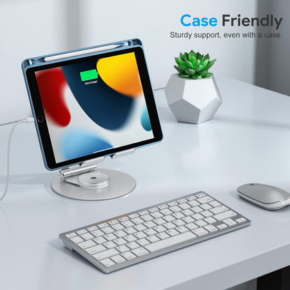 Swivel Tablet Stand for iPad with 360 Rotating Base, Foldable Adjustable Holder for Drawing, Compatible with iPad Pro/Air/Mini and More, Silver