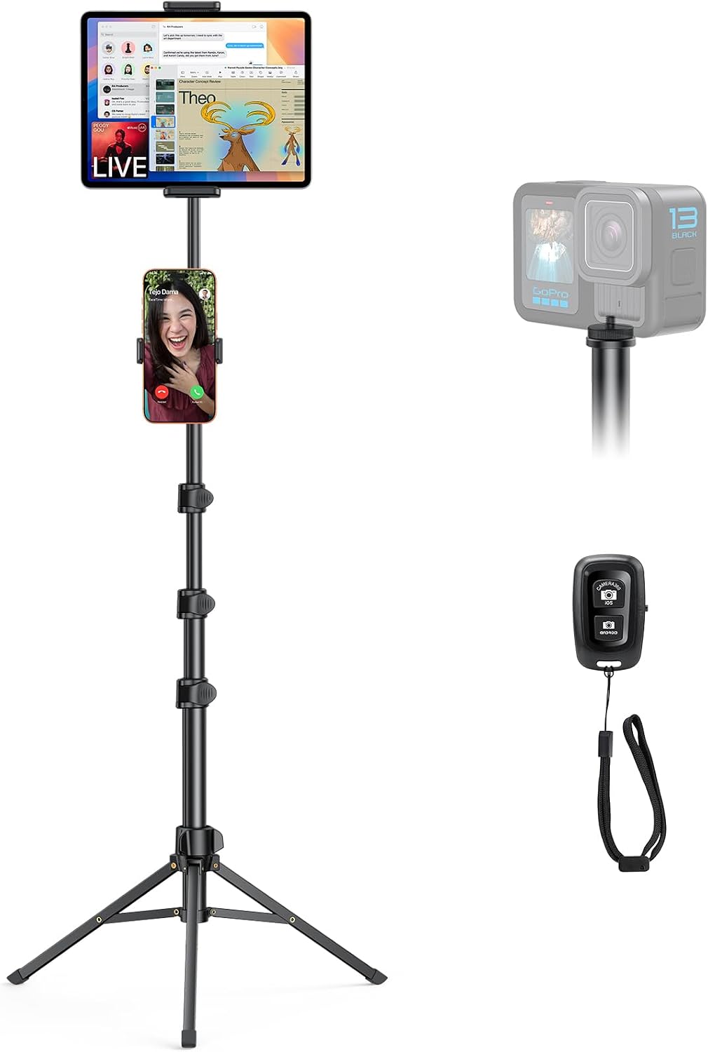 65" Tablet Floor Stand Tripod for iPad with Remote, 360°Phone Holder
