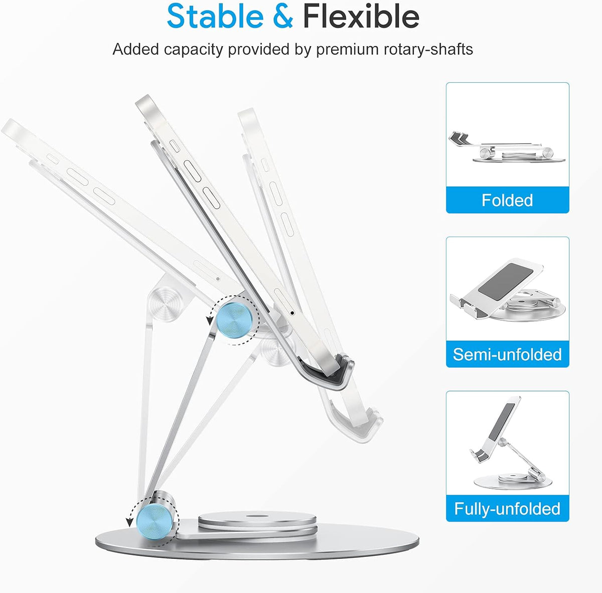 Swivel Tablet Stand for iPad with 360 Rotating Base, Foldable Adjustable Holder for Drawing, Compatible with iPad Pro/Air/Mini and More, Silver