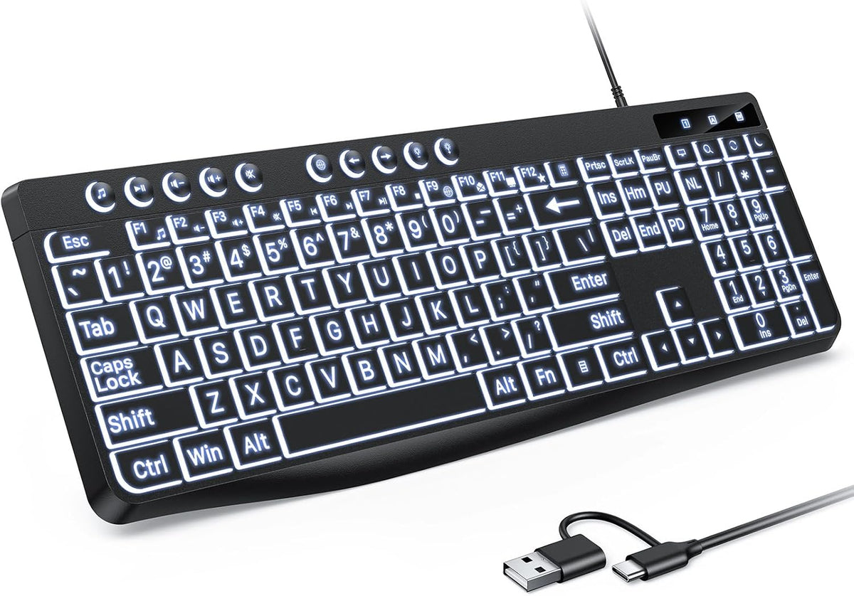 Large Print Backlit Keyboard with Dual USB C and USB A Interface