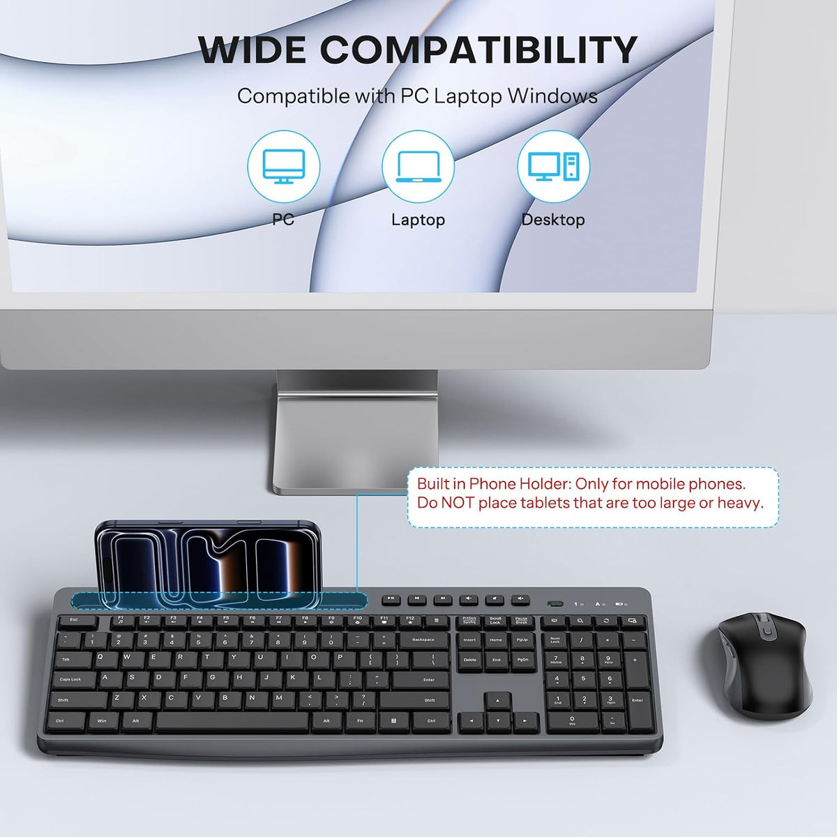 Wireless Keyboard and Mouse Combo, 2.4G Quiet Set with Phone Holder