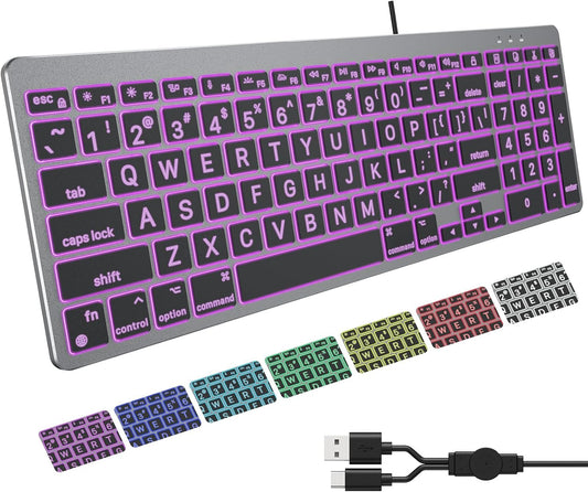 Wired Keyboard for Mac, Large Print, 7 Color Backlit, USB-C & USB-A