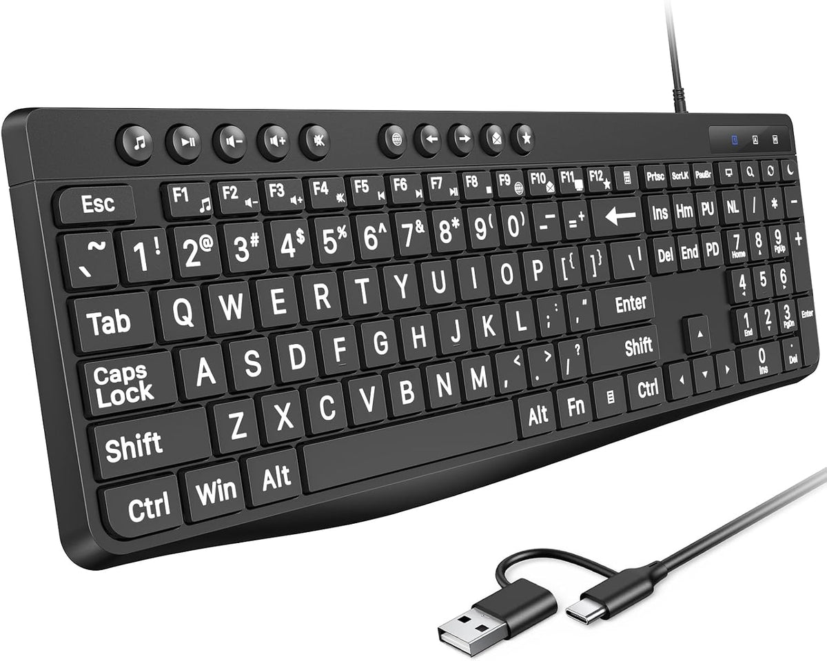Large Print Computer Keyboard with USB C & USB A Dual Interface