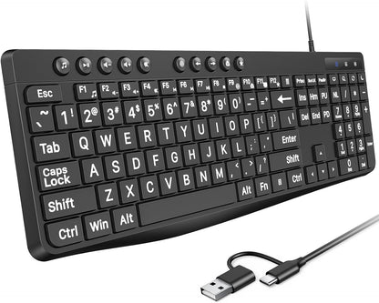 Large Print Computer Keyboard with USB C & USB A Dual Interface