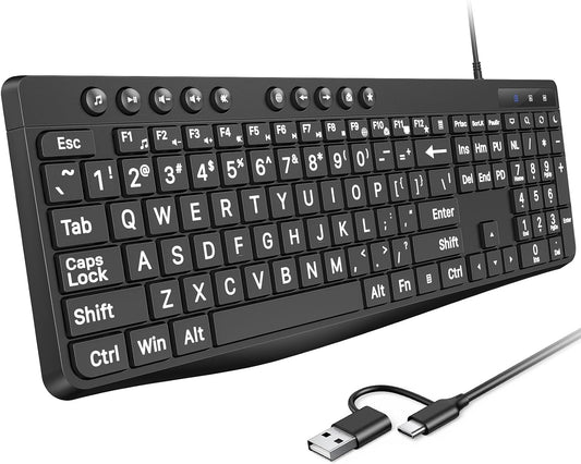 Large Print Computer Keyboard with USB C & USB A Dual Interface