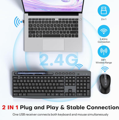 Wireless Keyboard and Mouse Combo, 2.4G Quiet Set with Phone Holder