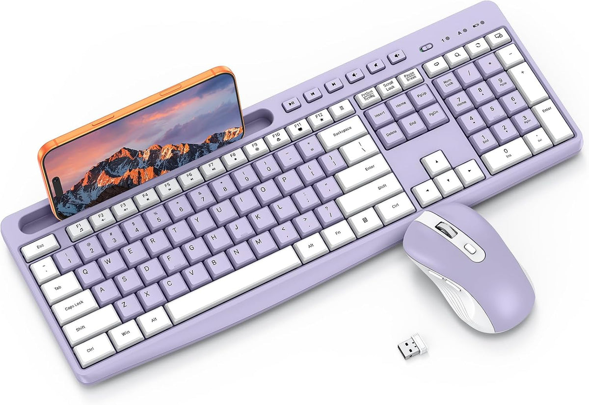 Purple Wireless Keyboard and Mouse Combo, Built-in Phone Holder