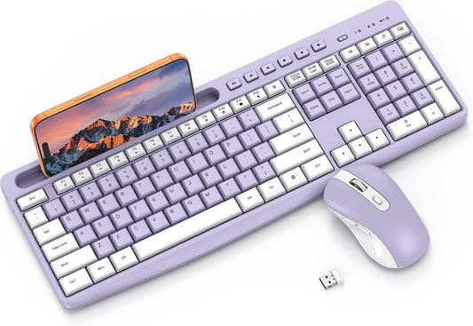 Purple Wireless Keyboard and Mouse Combo, Built-in Phone Holder