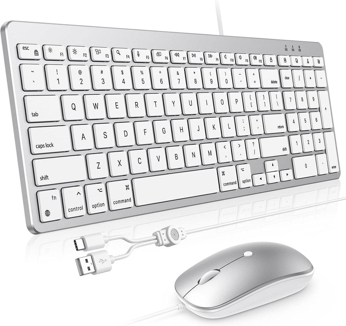 Wired Keyboard and Mouse for Mac, USB-C & USB-A, Number Pad, Silver White