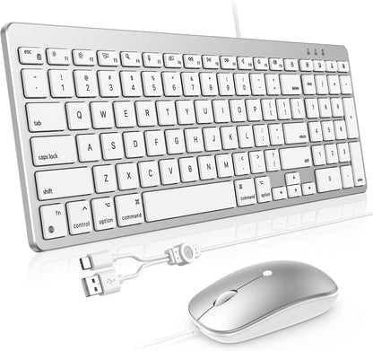 Wired Keyboard and Mouse for Mac, USB-C & USB-A, Number Pad, Silver White