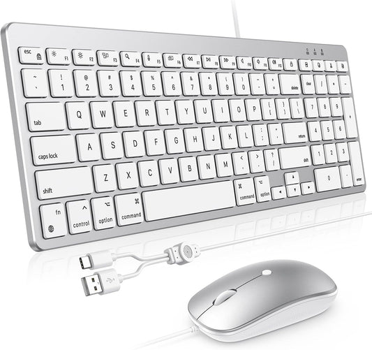 Wired Keyboard and Mouse for Mac, USB-C & USB-A, Number Pad, Silver White