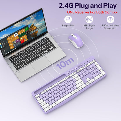 Purple Wireless Keyboard and Mouse Combo, Built-in Phone Holder