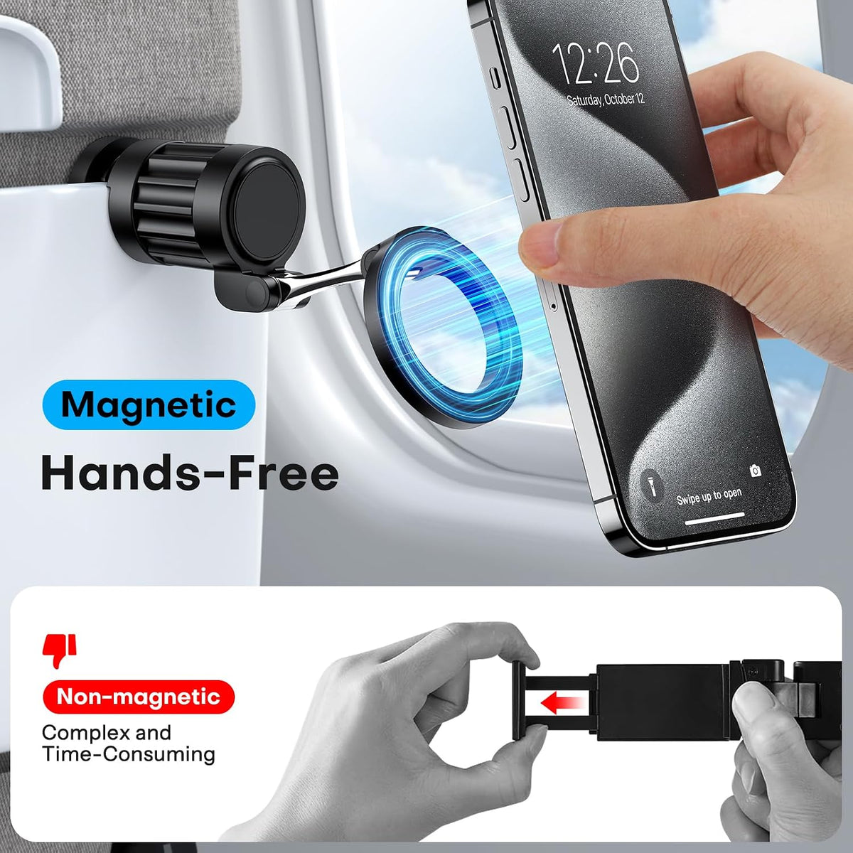 360°Rotating Magnetic Airplane Phone Holder Mount, for Magsafe Airplane Travel Essentials Accessories, Adjustable Foldable Universal Handsfree Phone Stand for iPhone 17 16 15 14 Pro Max Air