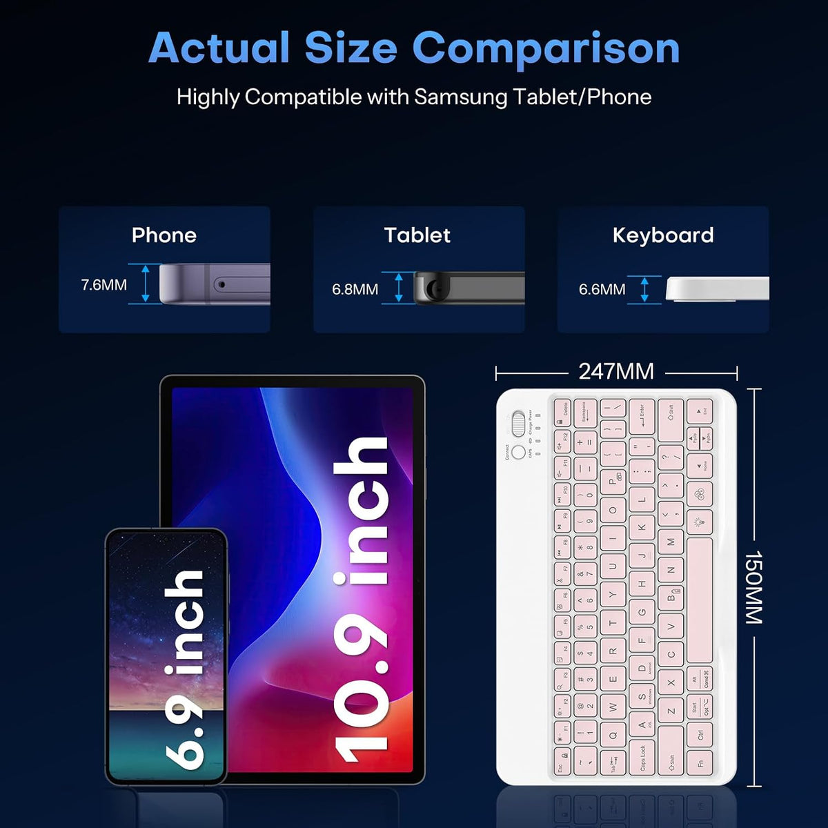 Bluetooth Tablet Keyboard Rechargeable with Backlit, Oversize Keycap