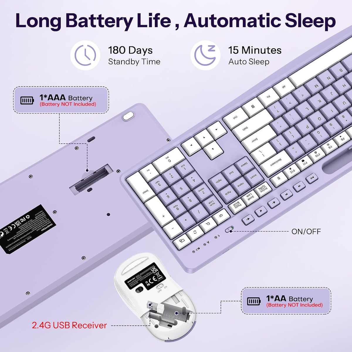 Purple Wireless Keyboard and Mouse Combo, Built-in Phone Holder