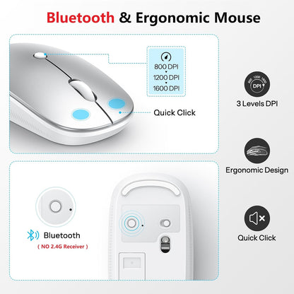 Wireless Keyboard and Mouse for Mac, 14 Media Shortcuts Keyboard with Adjustable DPI Mouse, Slim & Portable Design, Stable Bluetooth Connection, Silver-White,OMOTON