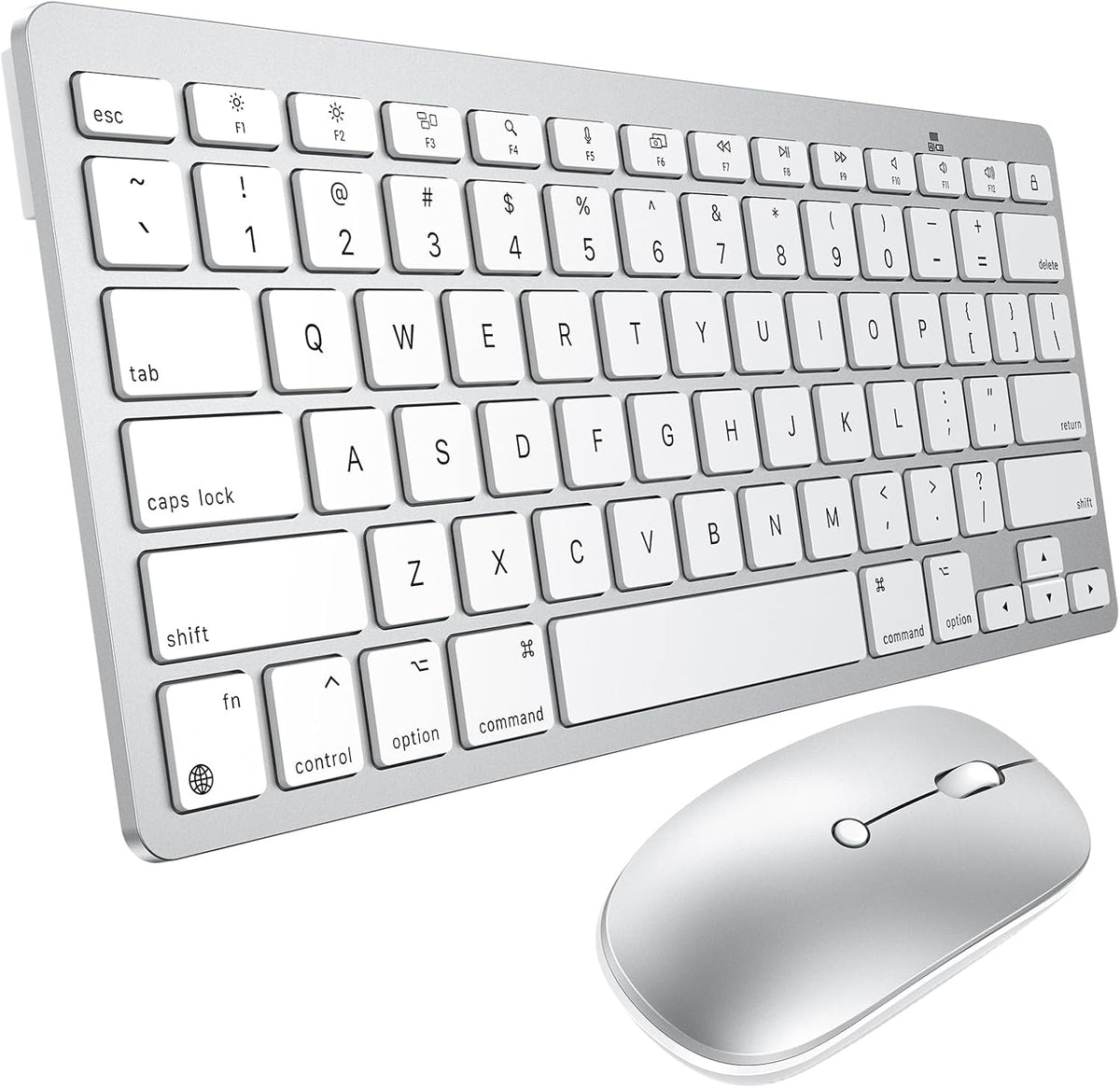 Wireless Keyboard and Mouse for Mac, 14 Media Shortcuts Keyboard with Adjustable DPI Mouse, Slim & Portable Design, Stable Bluetooth Connection, Silver-White,OMOTON