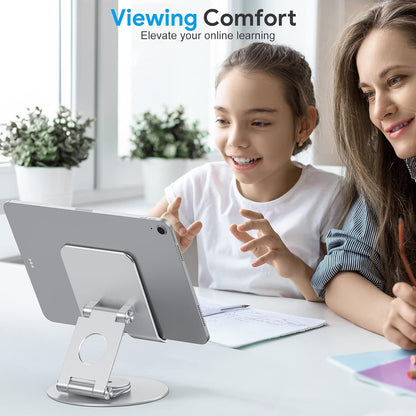 Swivel Tablet Stand for iPad with 360 Rotating Base, Foldable Adjustable Holder for Drawing, Compatible with iPad Pro/Air/Mini and More, Silver