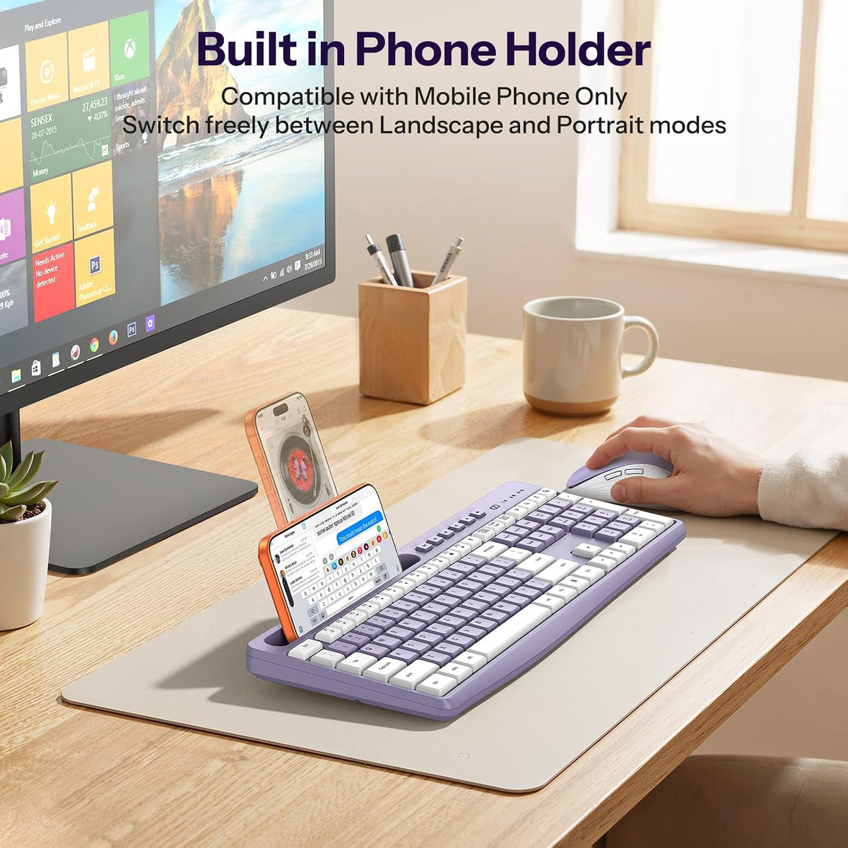 Purple Wireless Keyboard and Mouse Combo, Built-in Phone Holder
