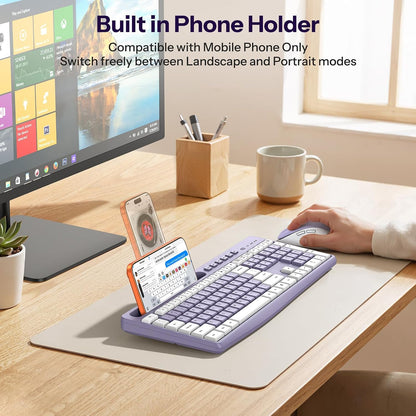 Purple Wireless Keyboard and Mouse Combo, Built-in Phone Holder