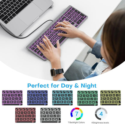 Wired Keyboard for Mac, Large Print, 7 Color Backlit, USB-C & USB-A