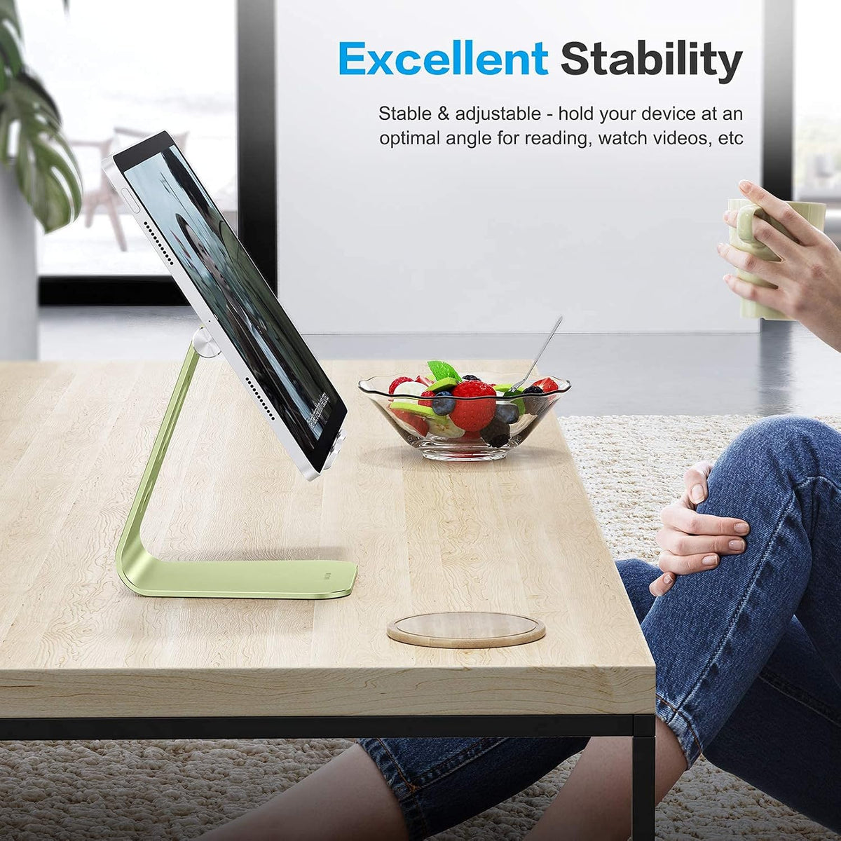 Adjustable Tablet Stand for Desk, Upgraded Longer Arms for Greater Stability, T2 Tablet Holder with Hollow Design for Bigger Sized Phones and Tablets Such as iPad Pro/Air/Mini, Green
