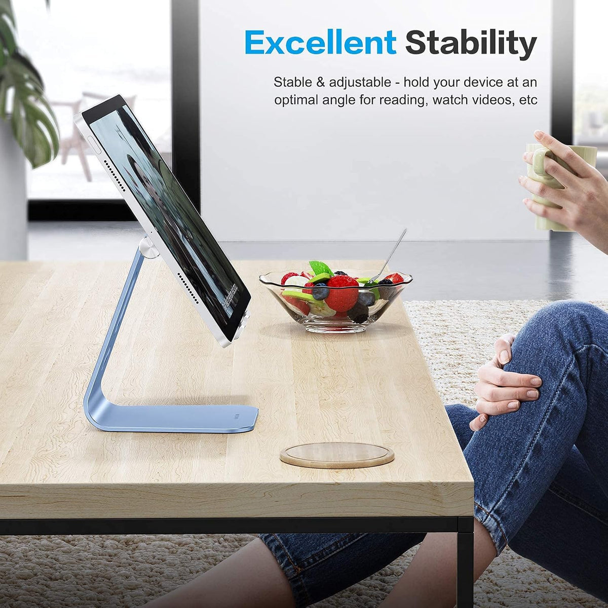 Adjustable Tablet Stand for Desk, Upgraded Longer Arms for Greater Stability, T2 Tablet Holder with Hollow Design for Bigger Sized Phones and Tablets Such as iPad Pro/Air/Mini, Blue
