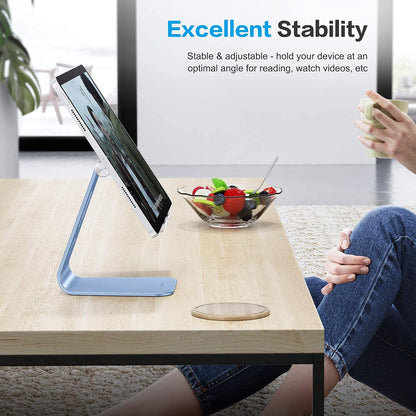 Adjustable Tablet Stand for Desk, Upgraded Longer Arms for Greater Stability, T2 Tablet Holder with Hollow Design for Bigger Sized Phones and Tablets Such as iPad Pro/Air/Mini, Blue