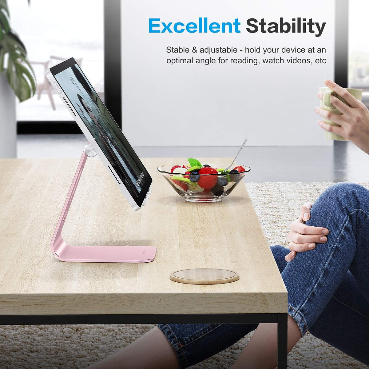 Adjustable Tablet Stand for Desk, Upgraded Longer Arms for Greater Stability, T2 Tablet Holder with Hollow Design for Bigger Sized Phones and Tablets Such as iPad Pro/Air/Mini, Rose Gold