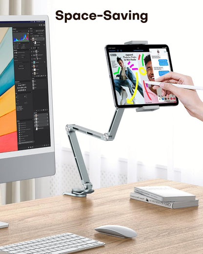 GH03 Tablet Holder with 2 ABS Clamps, Aluminum Long Arm Mount, Grey