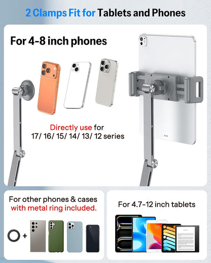 Tablet Stand for iPad with 360° Rotation, GH04 Aluminum Alloy Long Arm Phone Mount with Magnetic Phone Head & Plastic Tablet Clamp, Adjustable Holder for 4-13" iPad Pro/iPhone, Grey