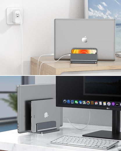 Dual Vertical Desk Laptop Stand Holder, Fits MacBook Air/Pro, Grey
