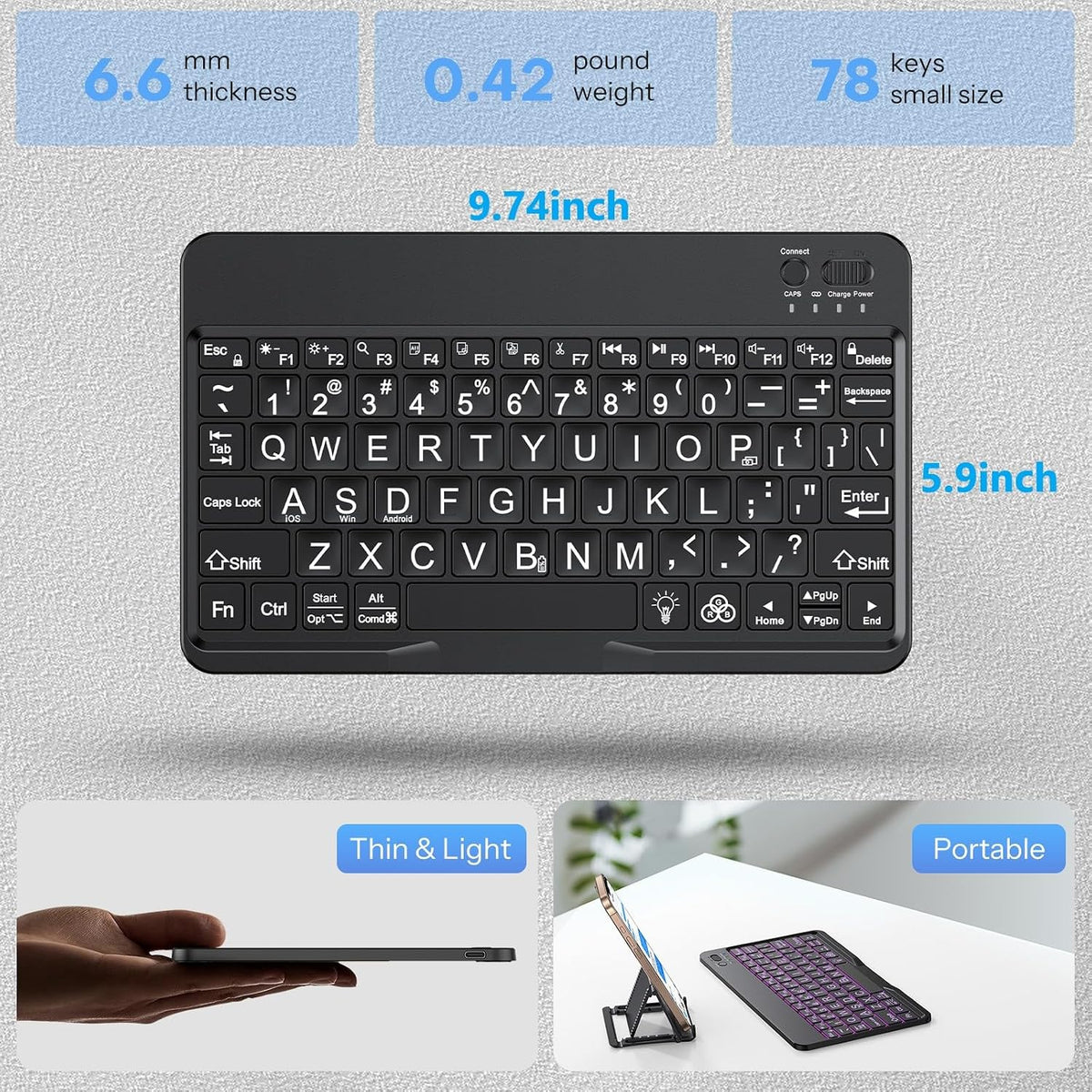 Large Print Bluetooth Keyboard for iPad & Tablets, Backlit, Black