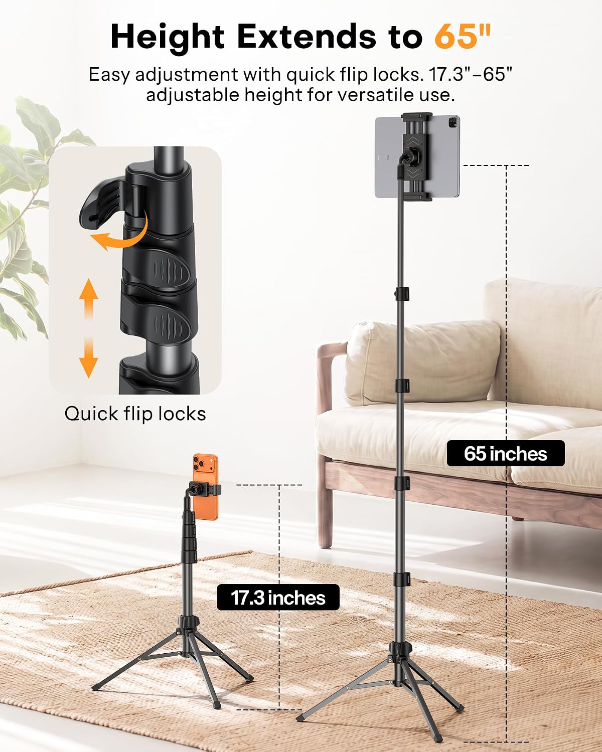 65" Tablet Floor Stand Tripod for iPad with Remote, 360°Phone Holder