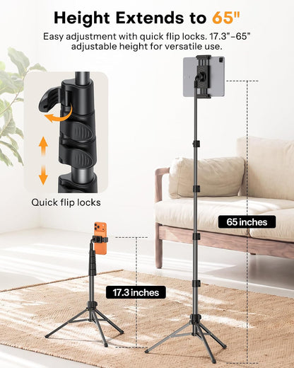 65" Tablet Floor Stand Tripod for iPad with Remote, 360°Phone Holder
