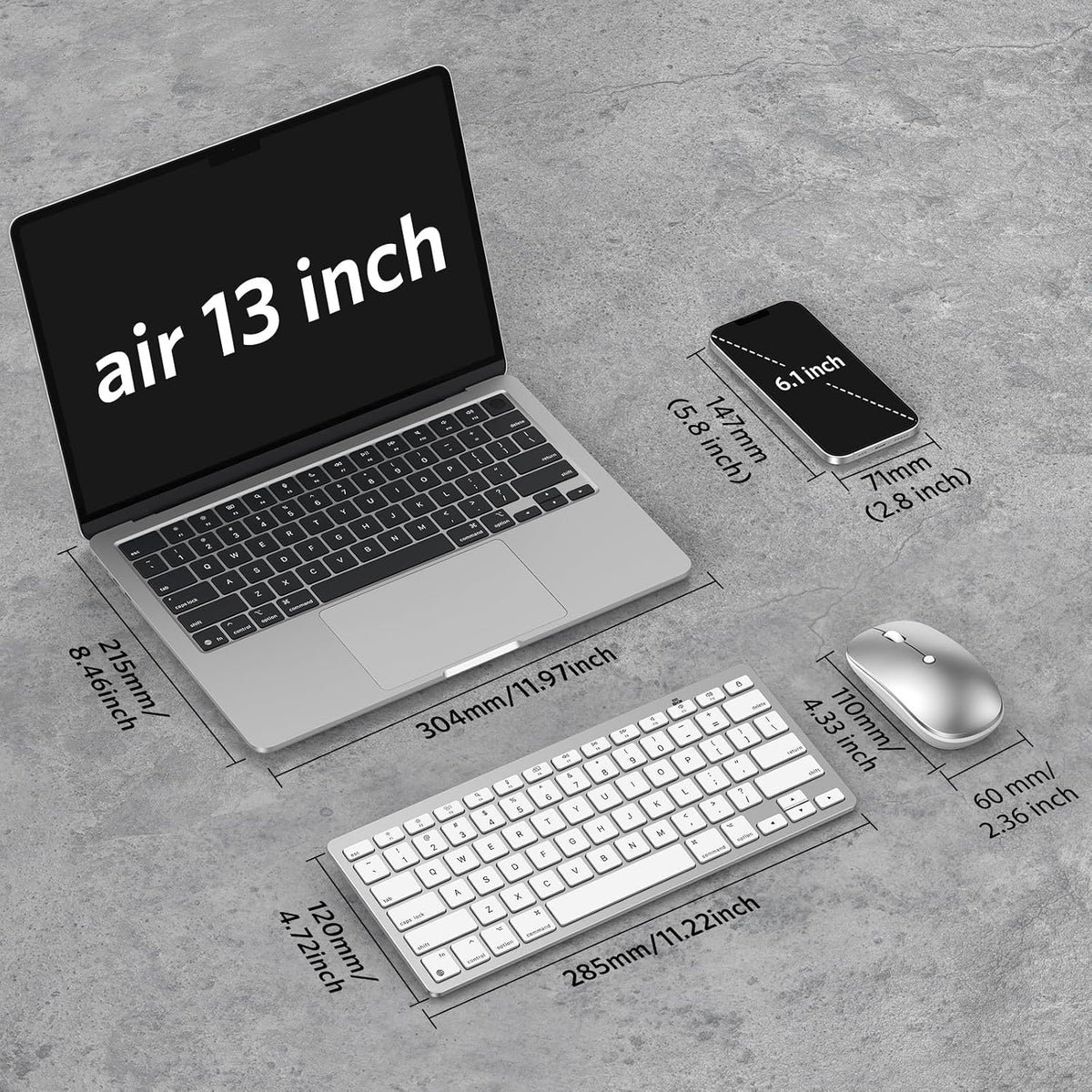 Wireless Keyboard and Mouse for Mac, 14 Media Shortcuts Keyboard with Adjustable DPI Mouse, Slim & Portable Design, Stable Bluetooth Connection, Silver-White,OMOTON