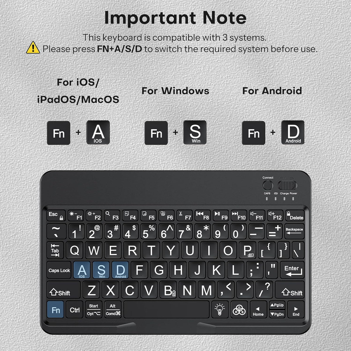 Large Print Bluetooth Keyboard for iPad & Tablets, Backlit, Black