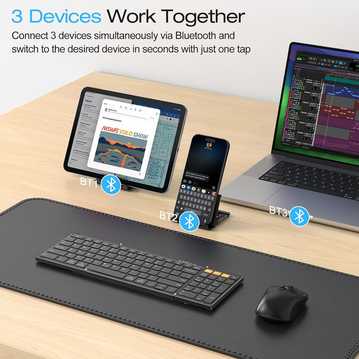 Foldable Keyboard for Travel, Full Size with Number Pad, Black