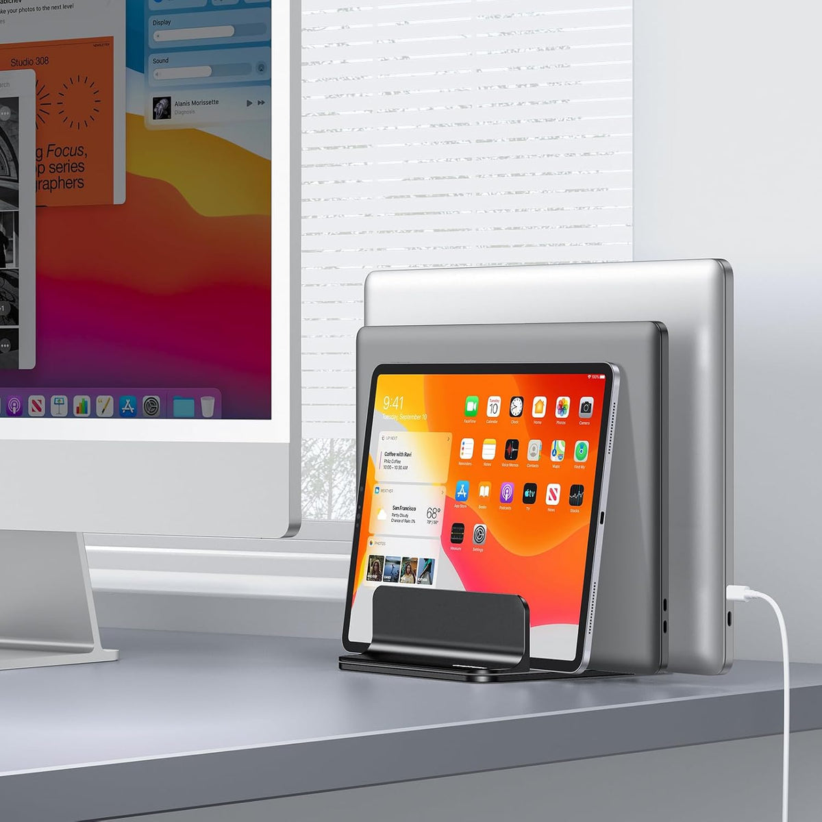 3-Slot Multiple Vertical Laptop Stand, Fits All MacBook, Black