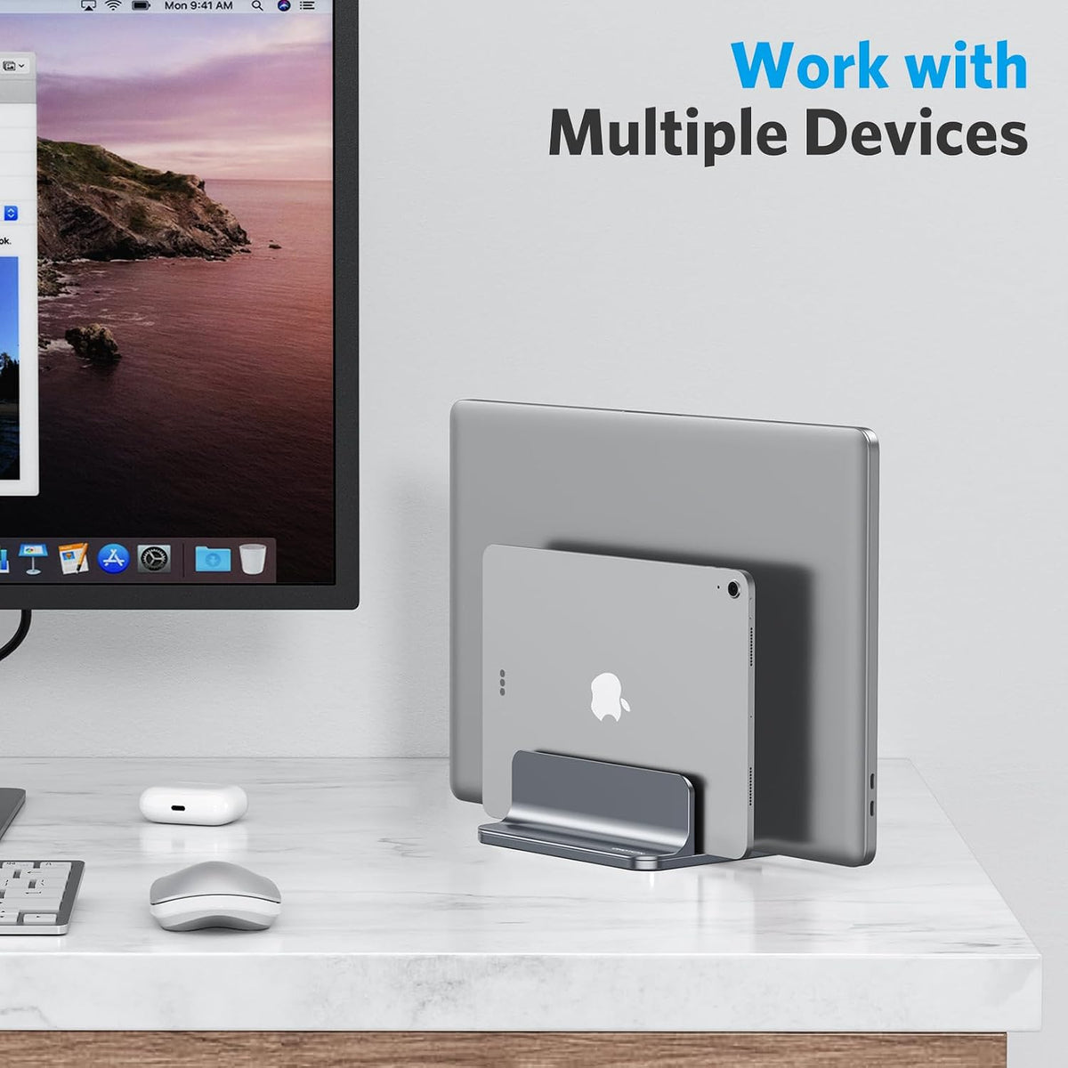 Dual Vertical Desk Laptop Stand Holder, Fits MacBook Air/Pro, Grey