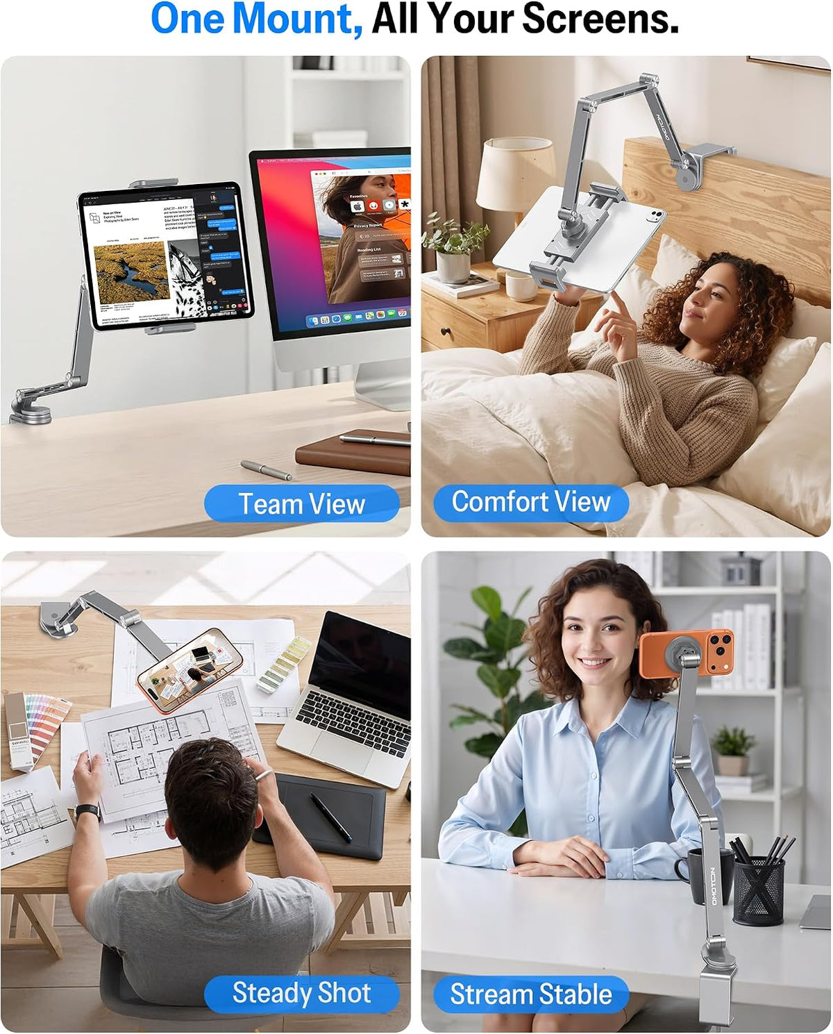 Tablet Stand for iPad with 360° Rotation, GH04 Aluminum Alloy Long Arm Phone Mount with Magnetic Phone Head & Plastic Tablet Clamp, Adjustable Holder for 4-13" iPad Pro/iPhone, Grey