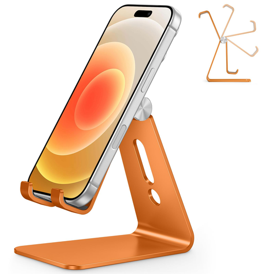 Aluminum Desktop Cellphone Stand with Anti-Slip Base and Convenient Charging Port, Fits All Smart Phones, Orange