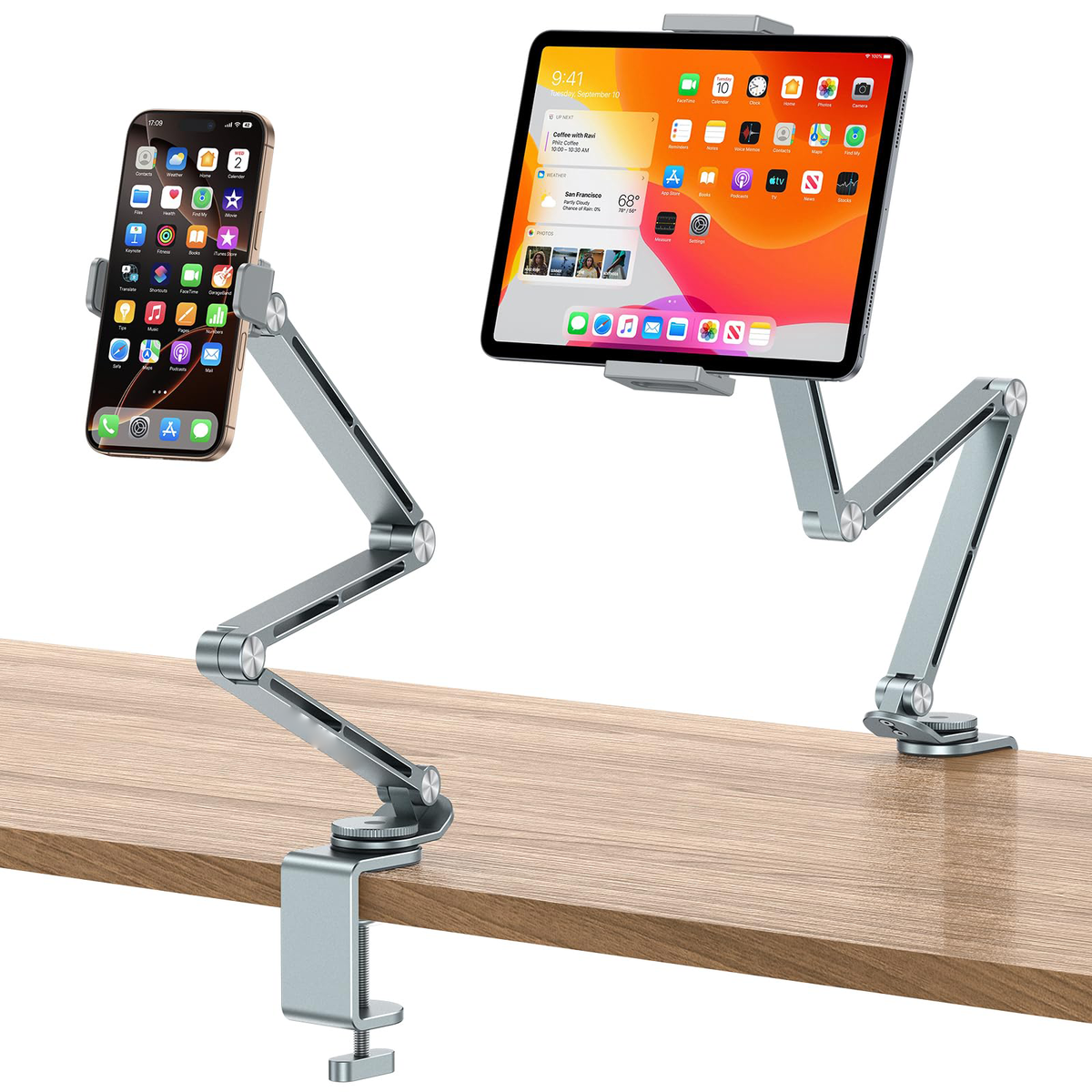 GH03 Tablet Holder with 2 ABS Clamps, Aluminum Long Arm Mount, Grey