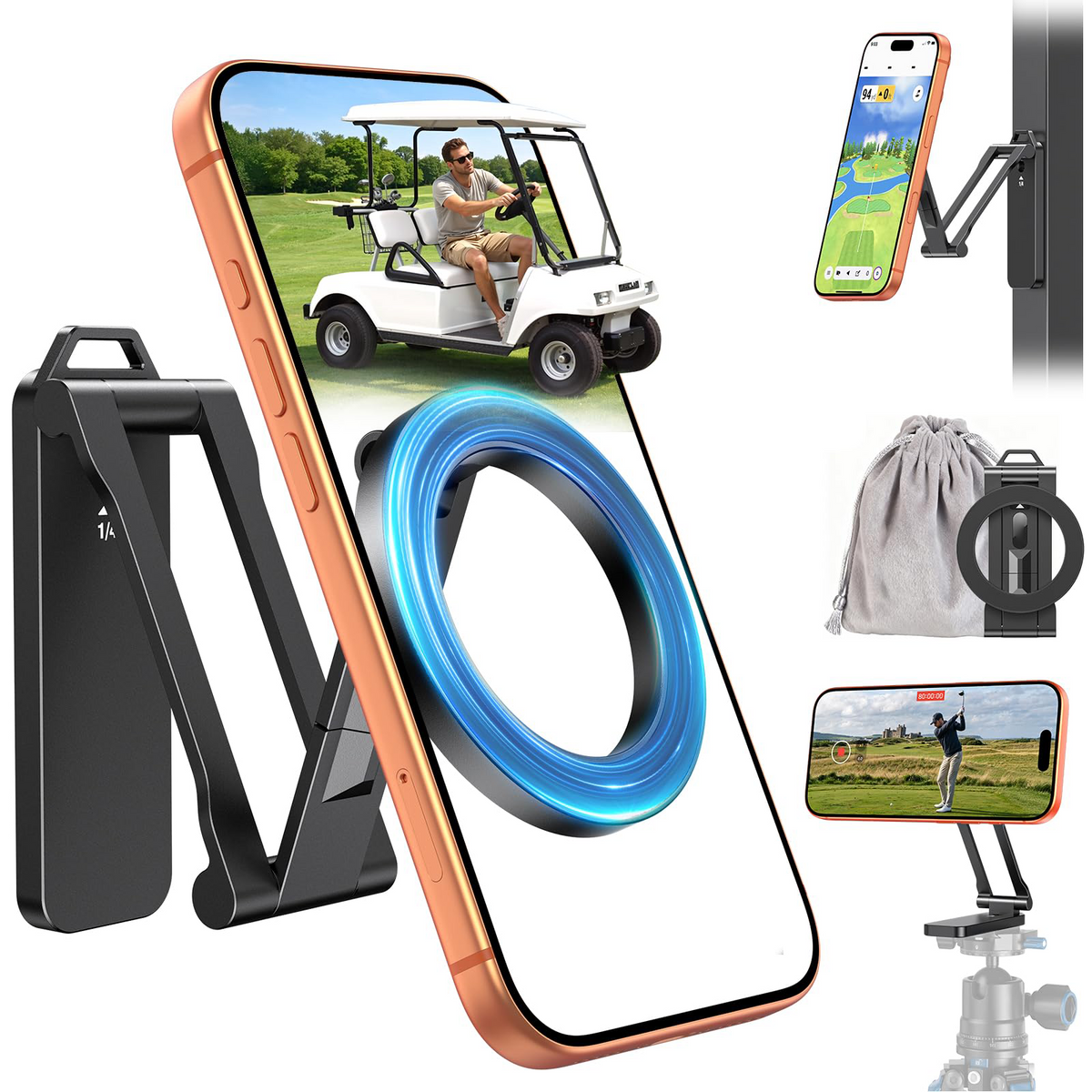 Magnetic Golf Cart Phone Holder, 1/4" Screw, 5.6in Extendable Arm